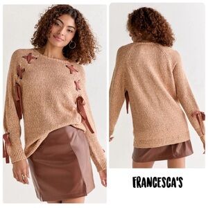 New Francesca's Galilea Lace Up Pullover
Taupe Sweater With Ribbon Detail